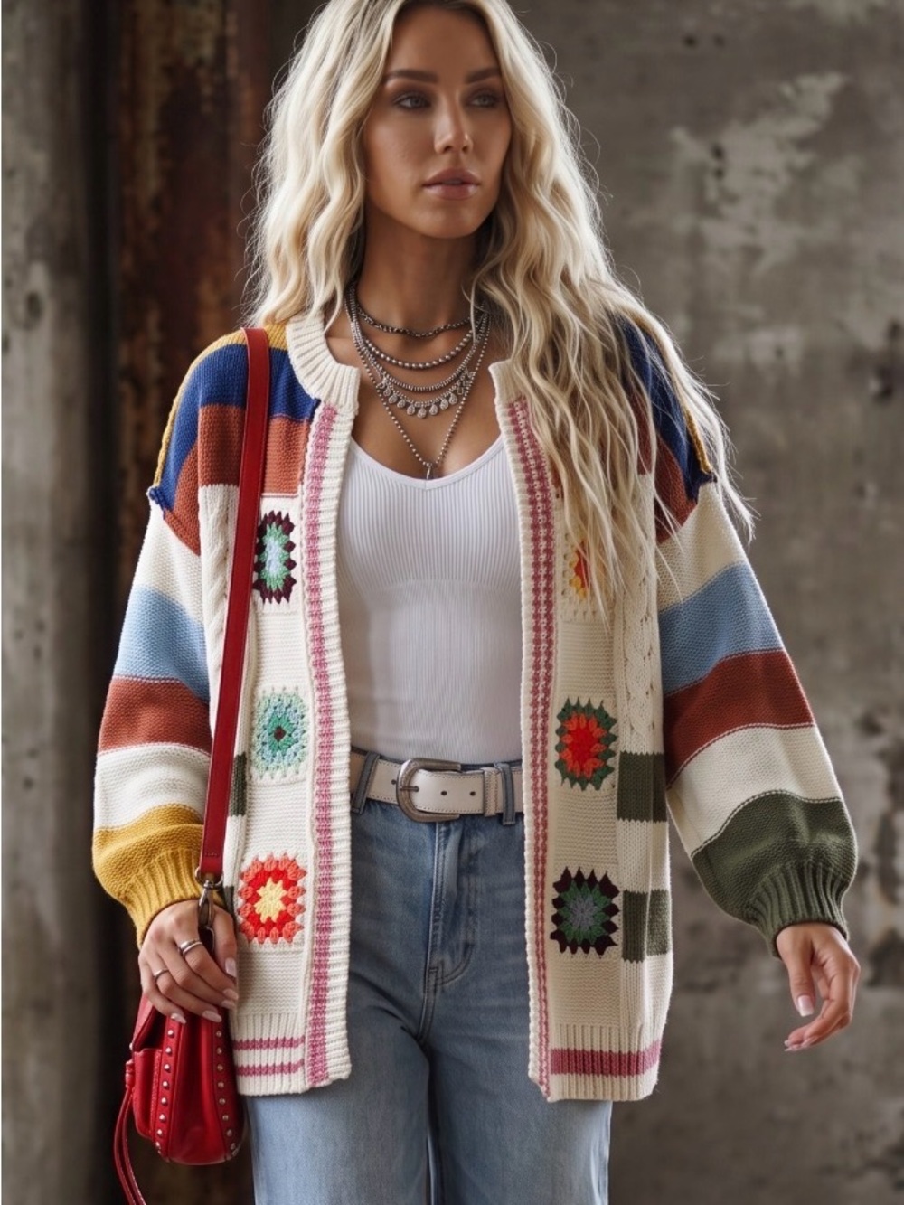 NWT POL Granny Tile Crochet Handmade Stripe Chenille Cardigan Sweater - Picture 2 of 16